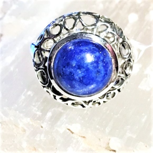 Genuine Lapis Lazuli Round .925 Ring Ornate Silver size 6.5 - Picture 12 of 13